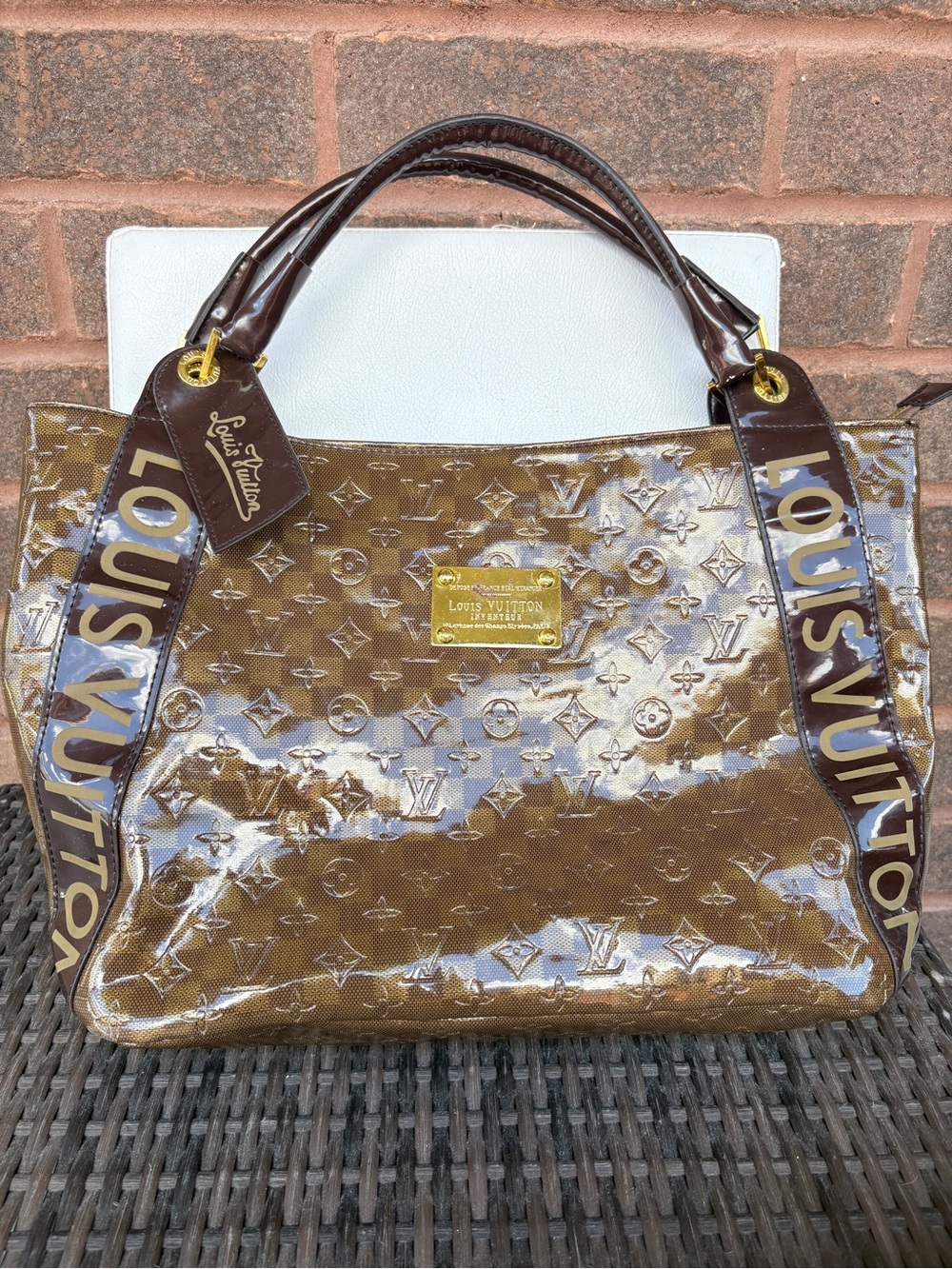 Brown Vernis Monogram Patent Tote with Logo Straps